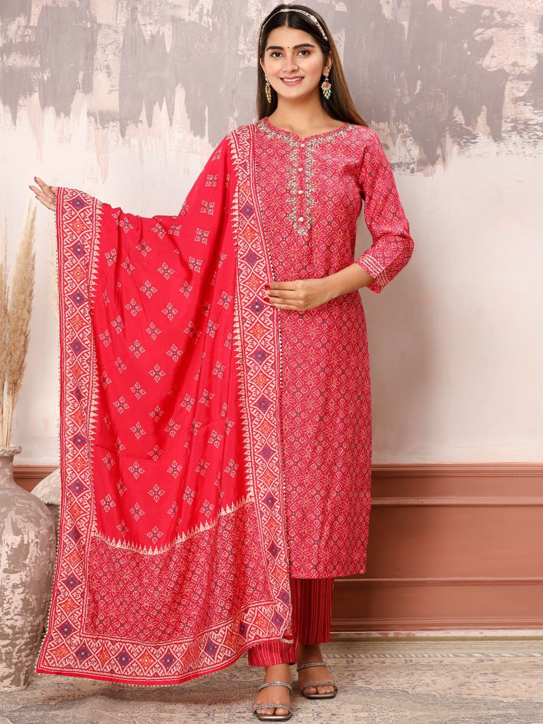 

ZARI Ethnic Motifs Printed Beads Work Kurta with Palazzos & Dupatta, Pink