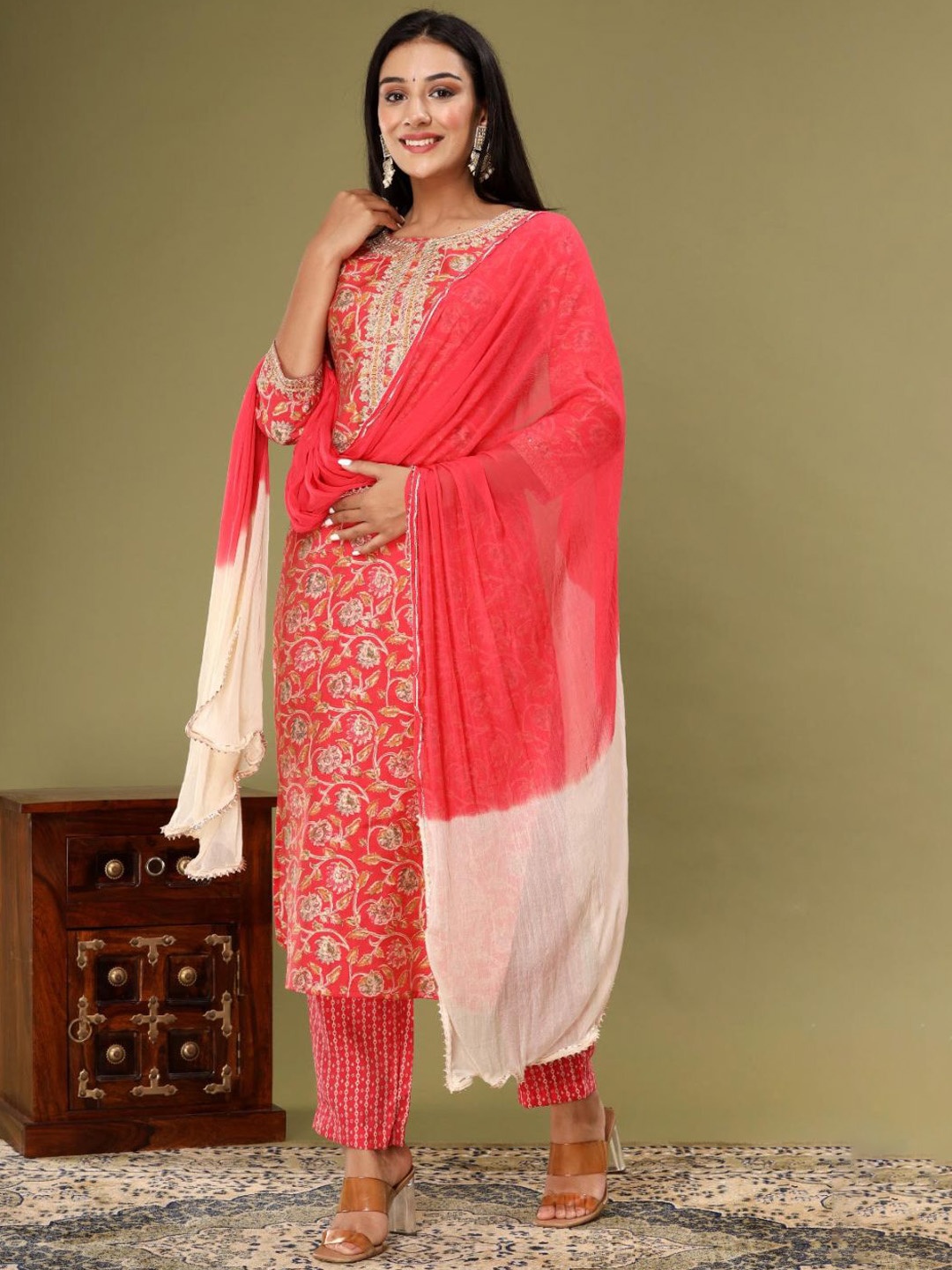 

ZARI Floral Printed Sequinned Kurta with Trousers & With Dupatta, Red