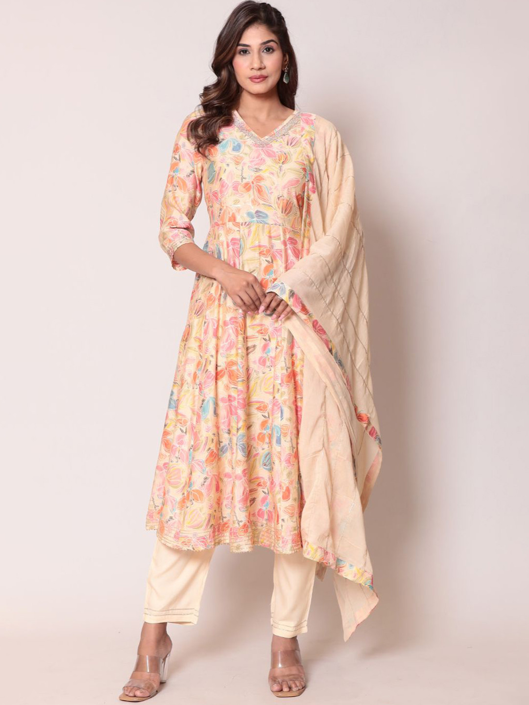 

ZARI Floral Printed Sequinned Anarkali Kurta with Trousers & With Dupatta, Cream