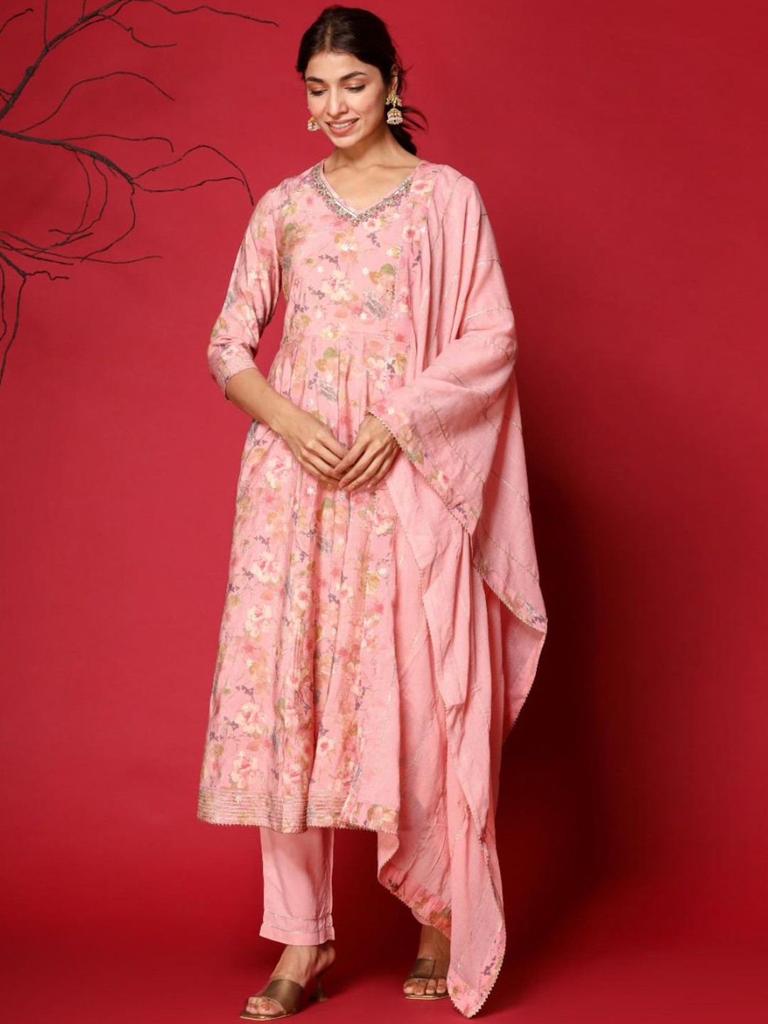 

ZARI Floral Printed Sequinned Anarkali Kurta with Trousers & With Dupatta, Pink