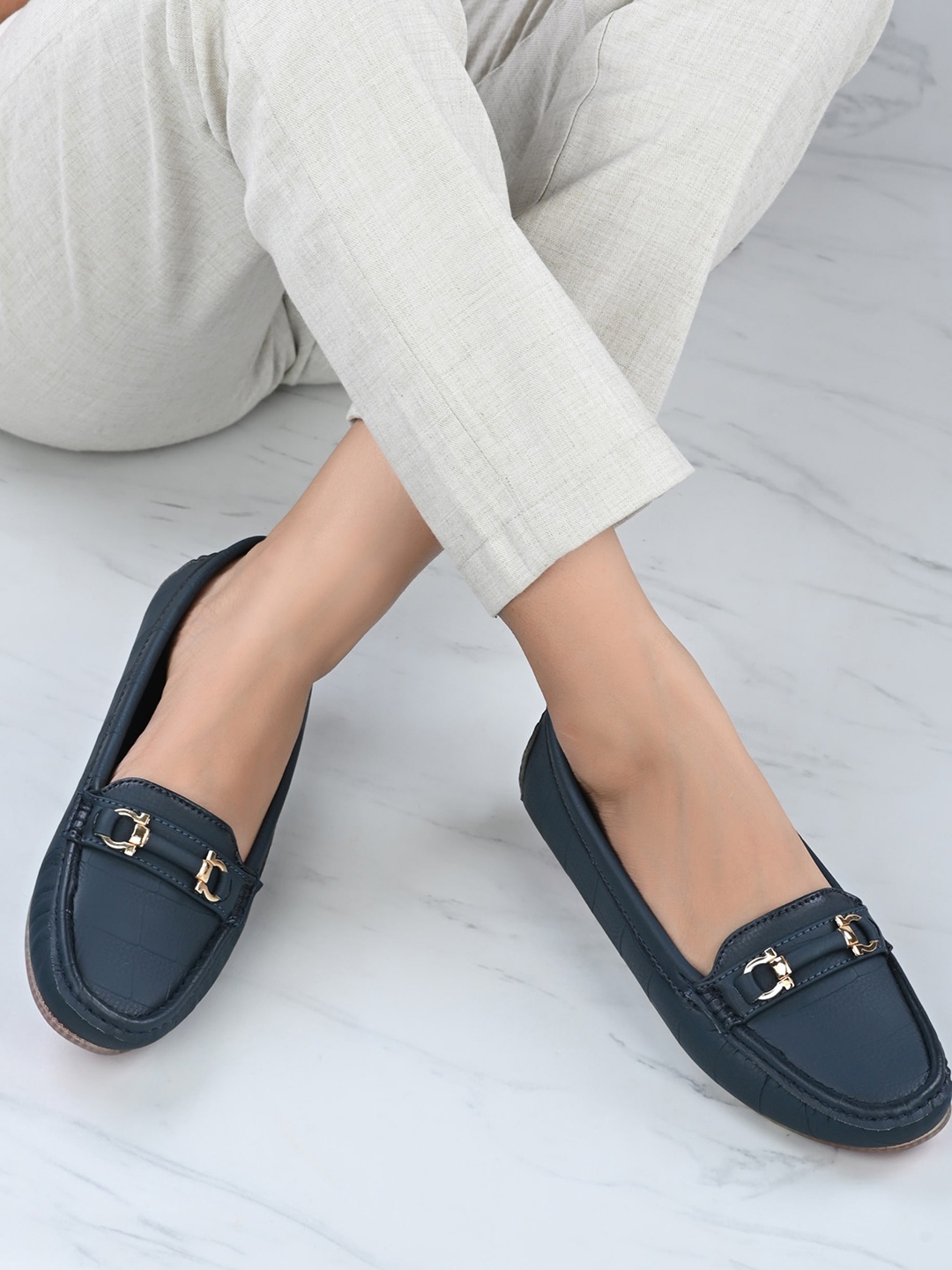 

Mast & Harbour Women Navy Blue Embellished Massage Footbed Memory Foam Horsebit Loafers