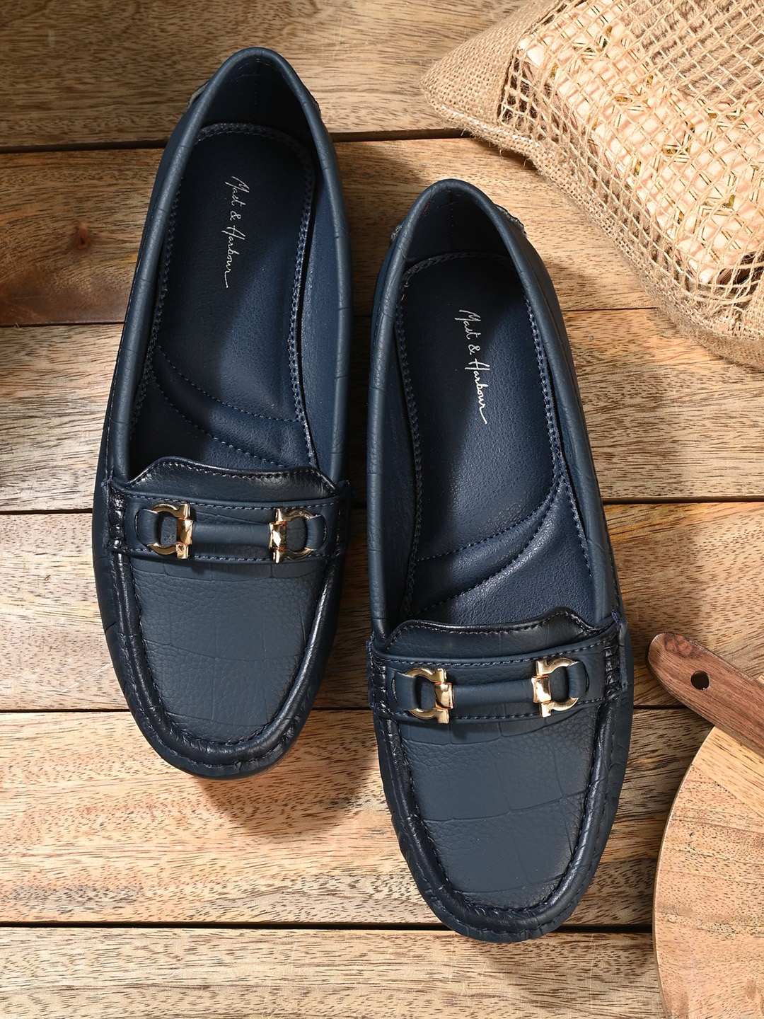 

Mast & Harbour Women Navy Blue Textured Massage Footbed Memory Foam Horsebit Loafers