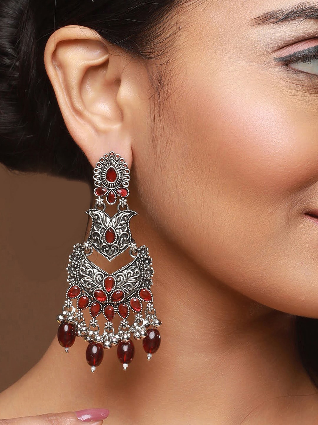 

Sangria Silver-Plated & Red Studded & Beaded Classic Oxidised Chandbalis