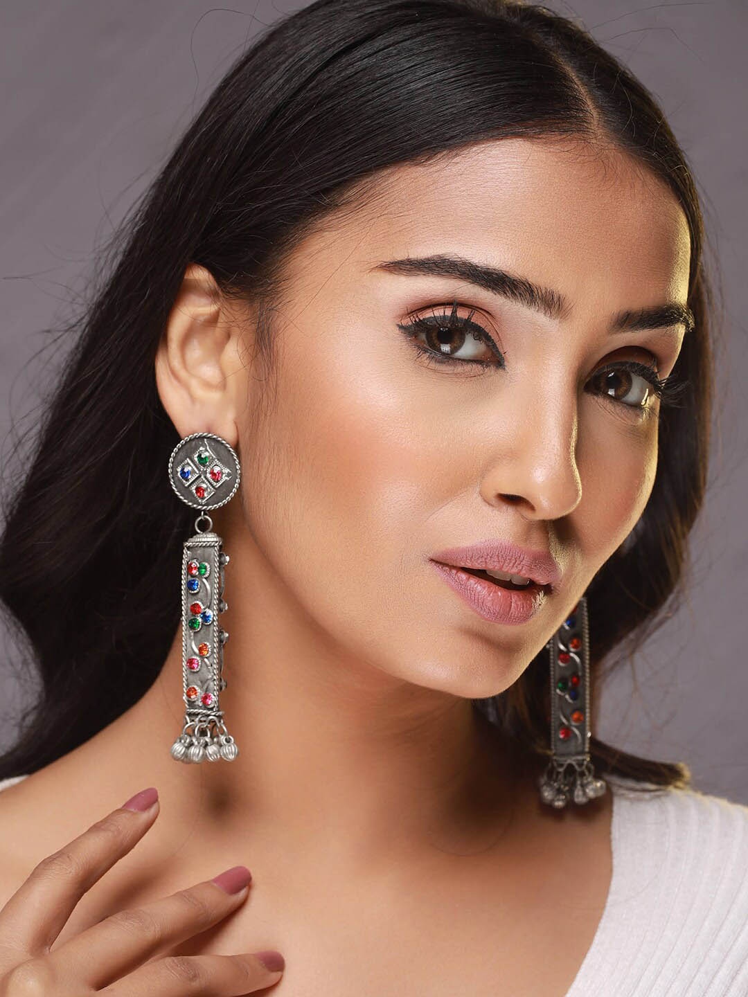 Sangria Silver-Plated Kundan Studded Ghungroo Drop Earrings
