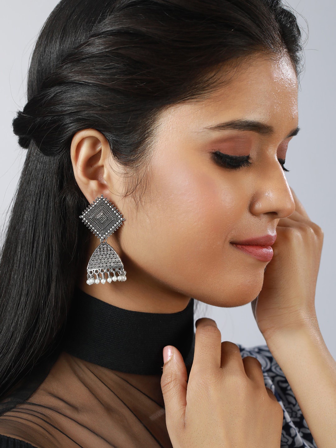 

Sangria Silver-Plated Textured Rectangle Shaped Beaded Oxidised Jhumkas