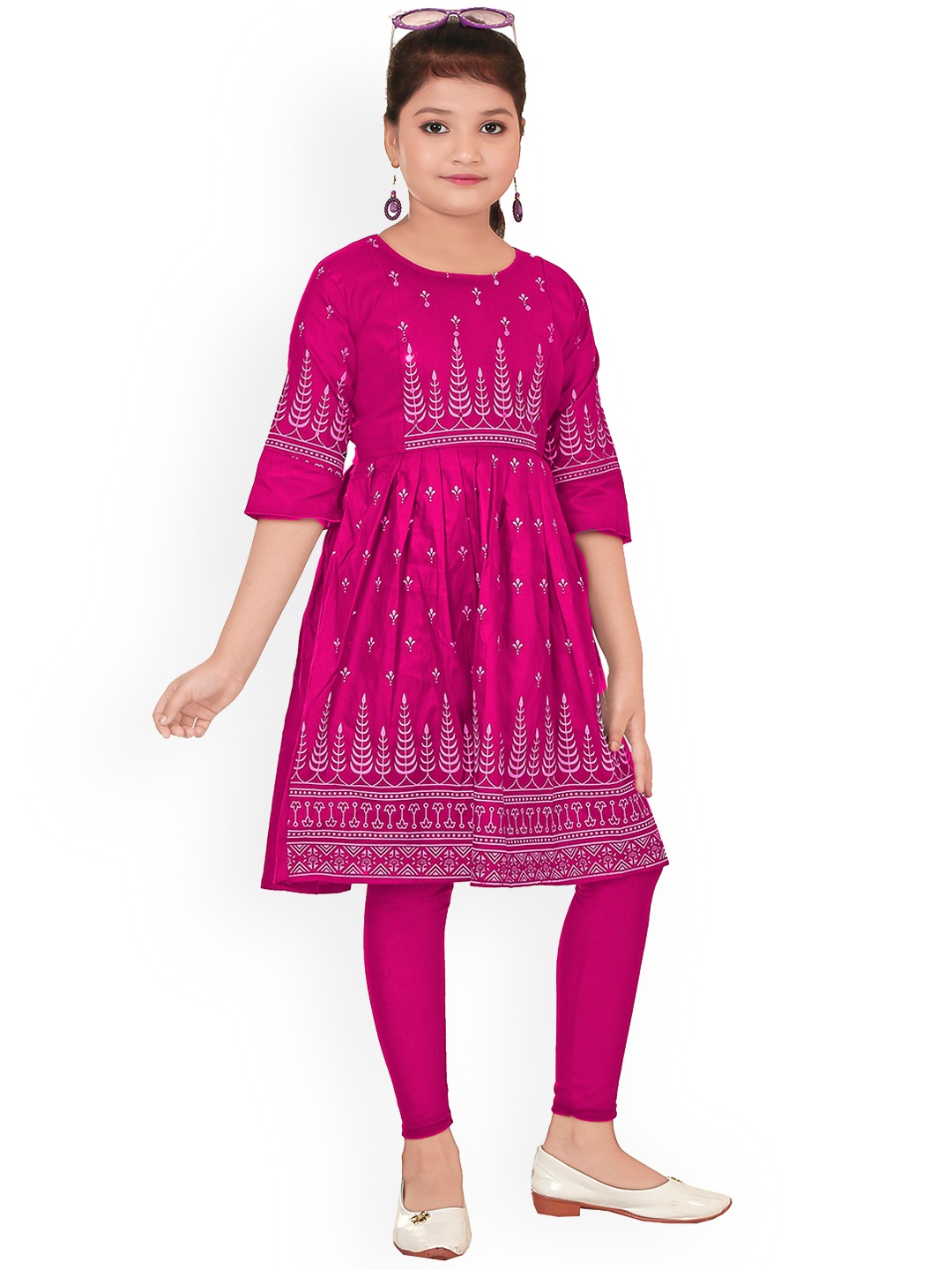 

BURBN Girls Floral Printed Regular Anarkali Kurta with Leggings, Pink