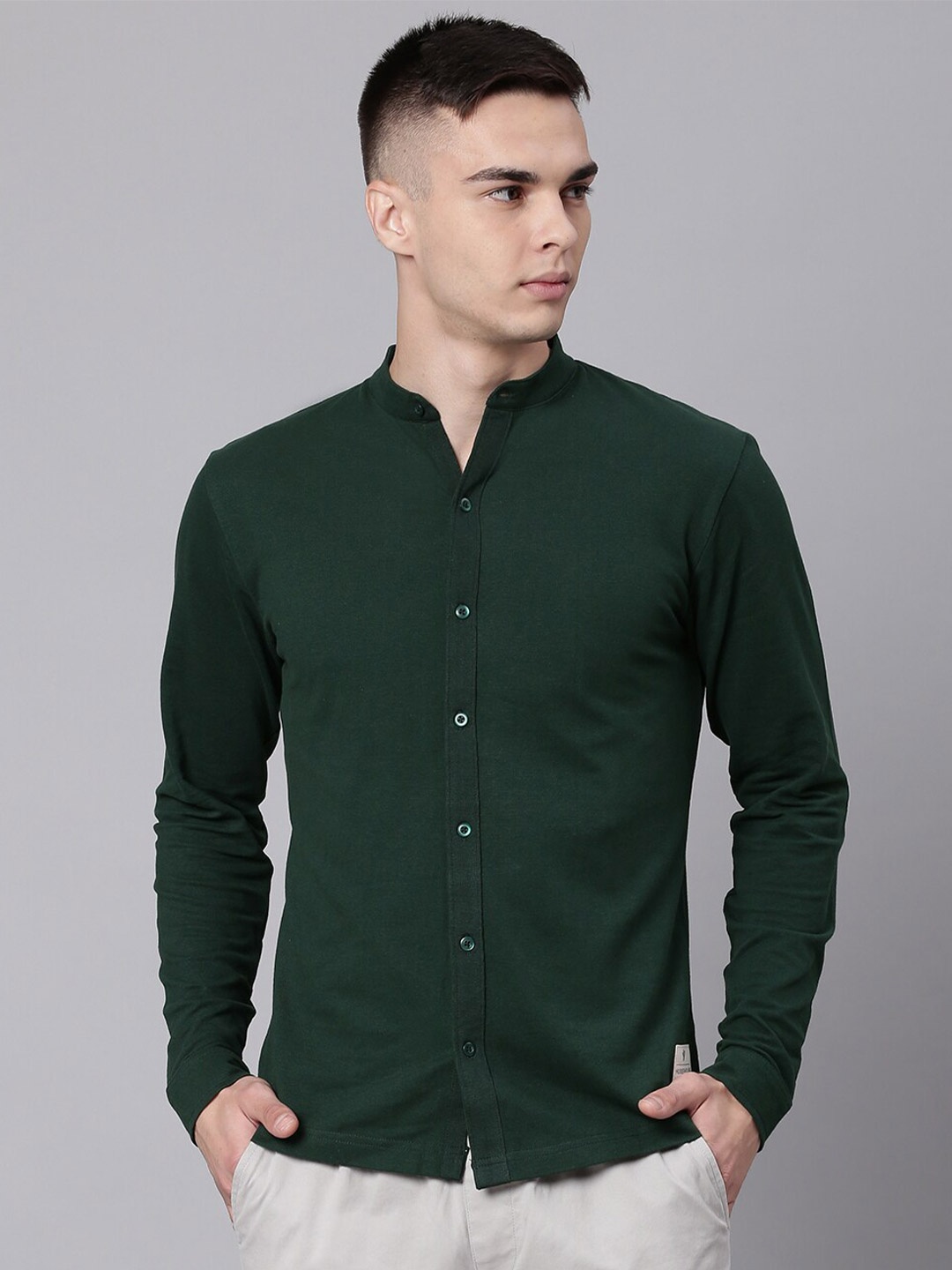 

Hubberholme Mandarin Collar Regular Fit Cotton Casual Shirt, Green