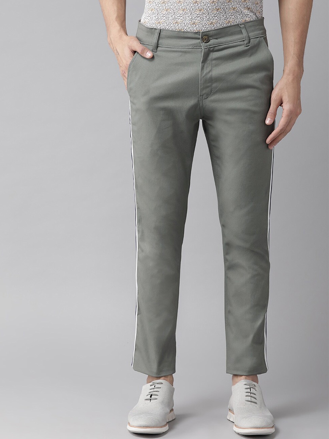 

Hubberholme Men Mid-Rise Side Striped Smart Slim Fit Chinos Trousers, Grey