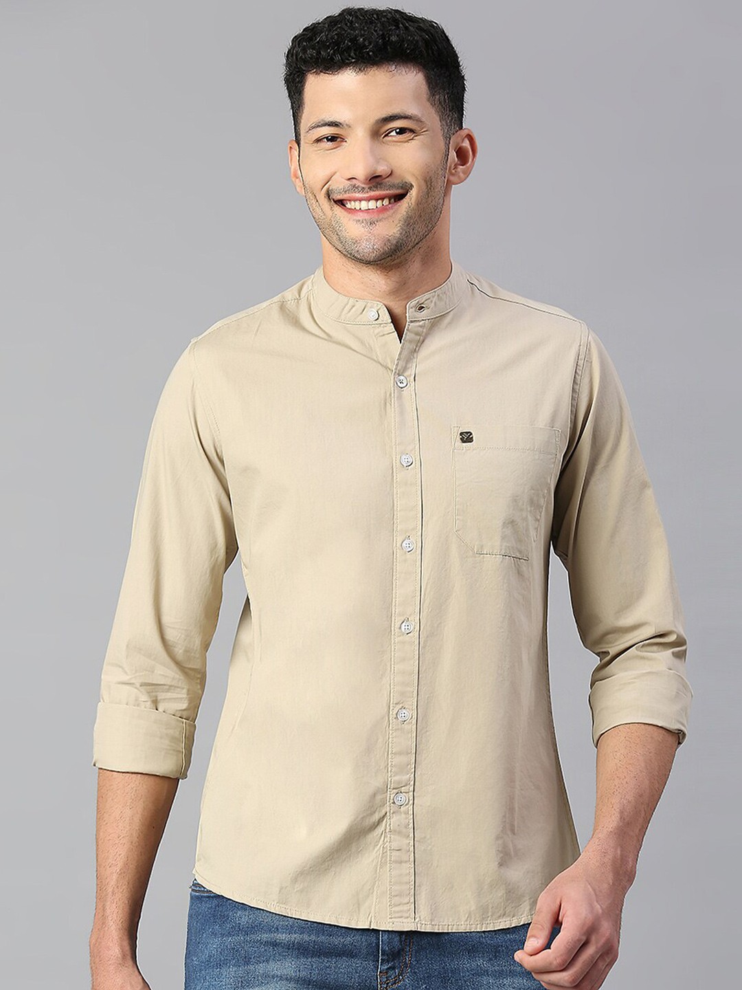 

Hubberholme Mandarin Collar Regular Fit Cotton Casual Shirt, Khaki