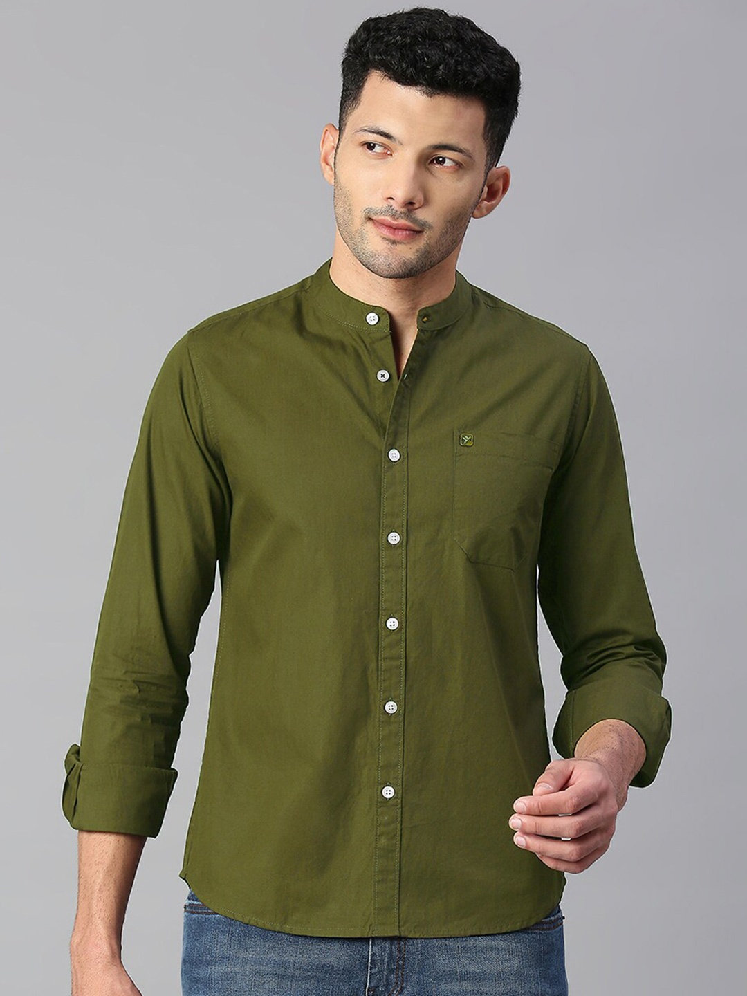 

Hubberholme Mandarin Collar Regular Fit Cotton Casual Shirt, Olive