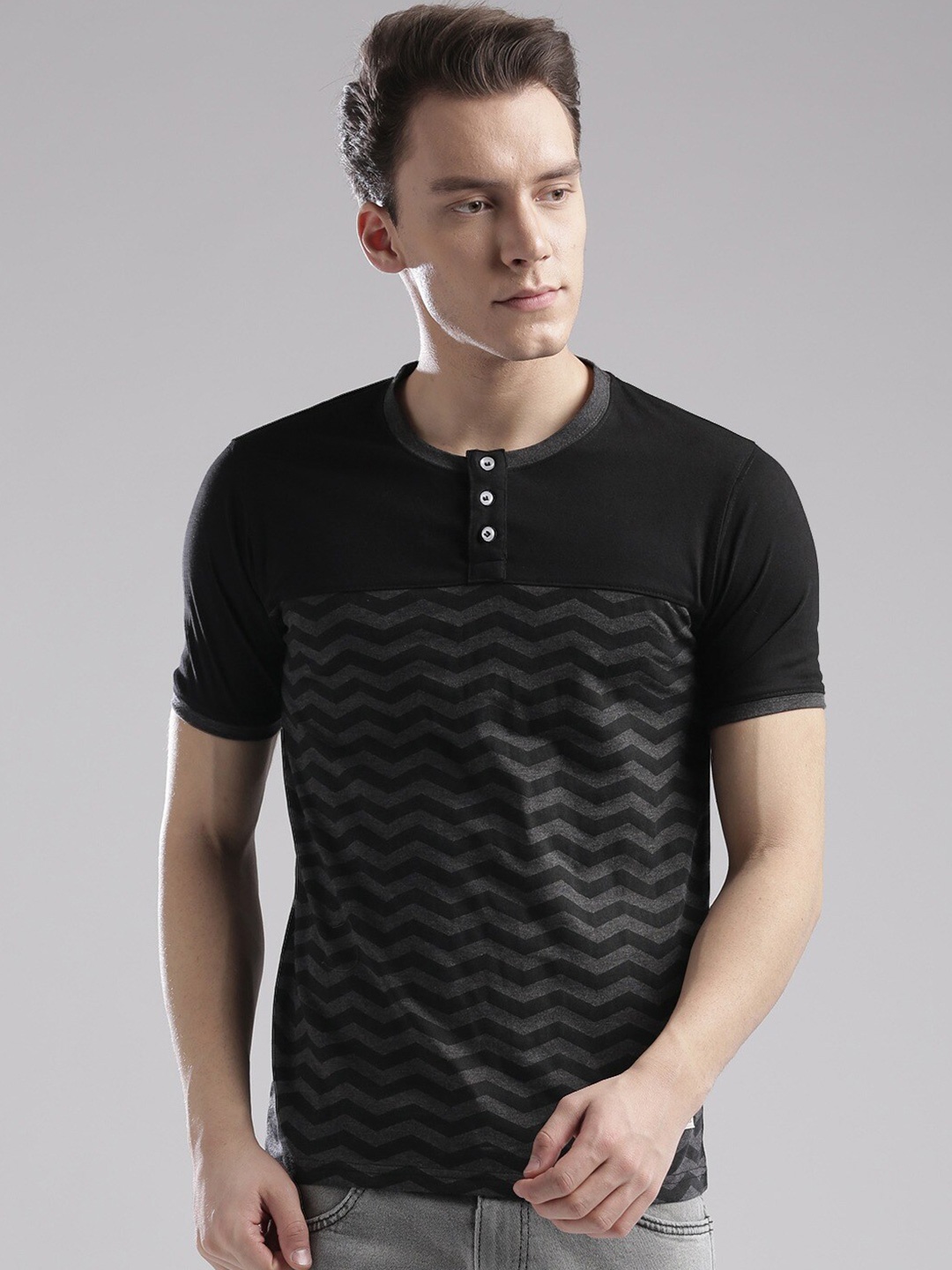 

Hubberholme Geometric Printed Henley Neck Pure Cotton T-shirt, Black