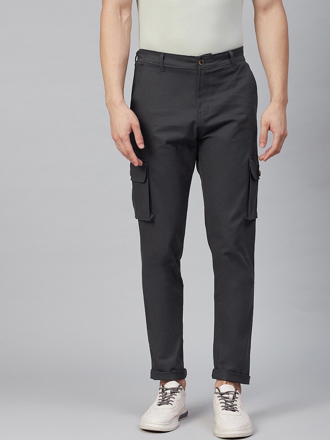 

Hubberholme Men Mid-Rise Smart Slim Fit Cargos Trousers, Charcoal