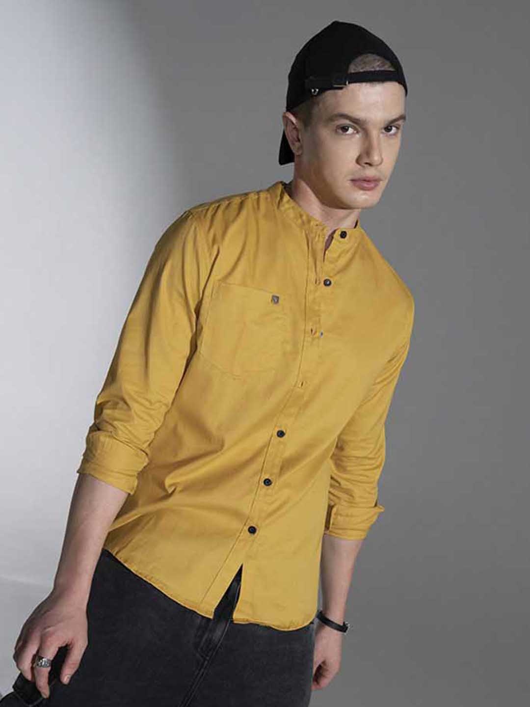 

Hubberholme Mandarin Collar Regular Fit Cotton Casual Shirt, Mustard