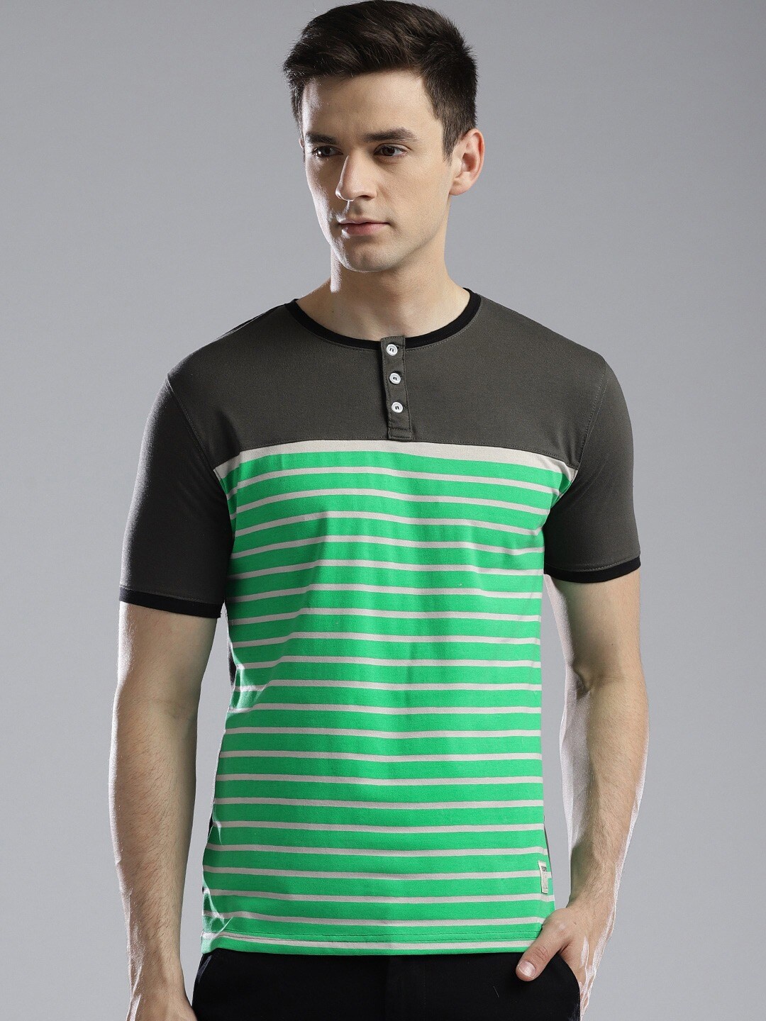 

Hubberholme Striped Henley Neck Cotton T-shirt, Olive