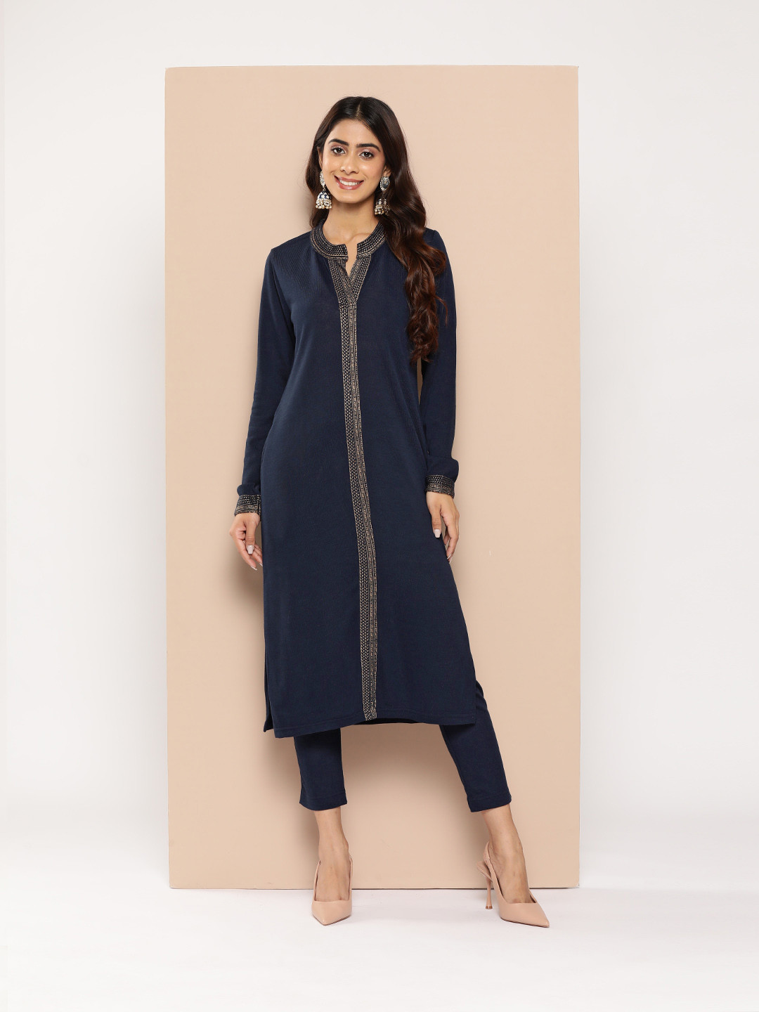 

HERE&NOW Knitted Winter Kurta with Trousers, Navy blue