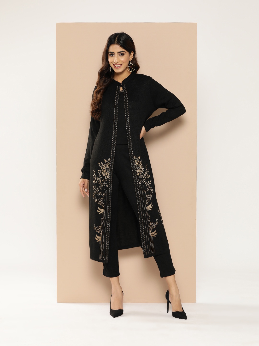 

HERE&NOW Woven Design 3-Piece Knitted Ethnic Co-Ords, Black