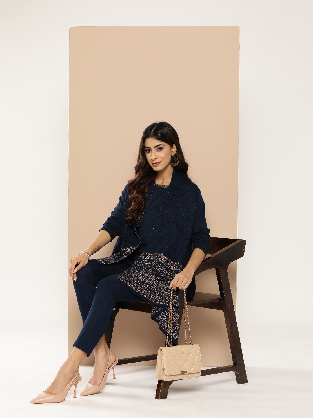 

HERE&NOW Woven Design 3-Piece Knitted Ethnic Co-Ords, Navy blue
