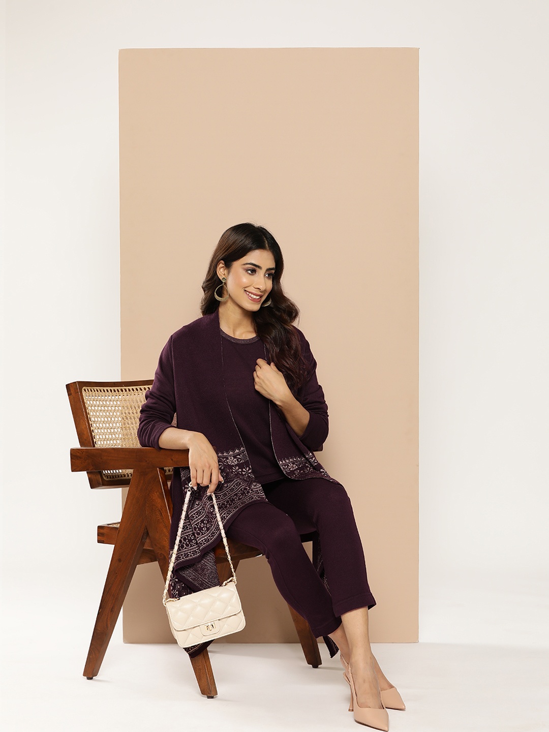 

HERE&NOW Woven Design 3-Piece Knitted Ethnic Co-Ords, Burgundy