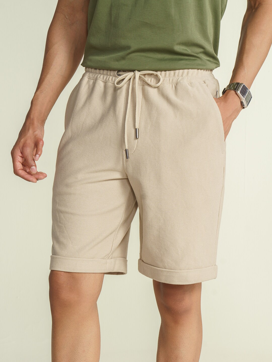 

DAMENSCH Men Solid Waffle Texture Pure Cotton Shorts, Beige
