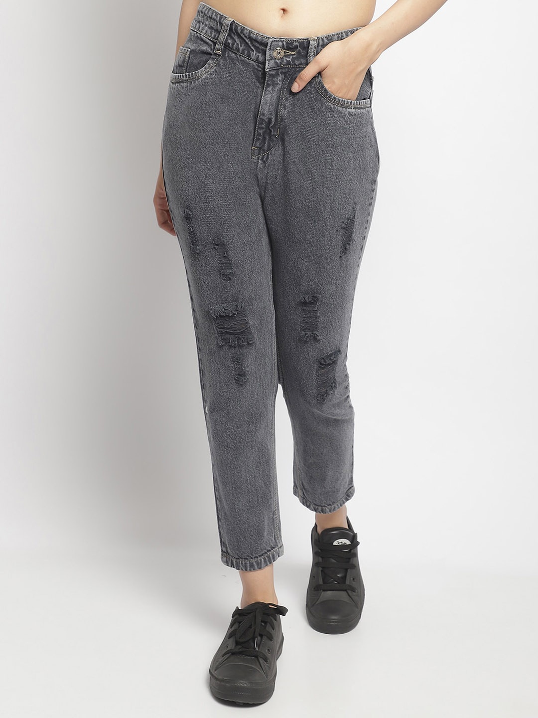 

ELLIS Women Smart Mom Fit Mildly Distressed Heavy Fade Cotton Jeans, Grey