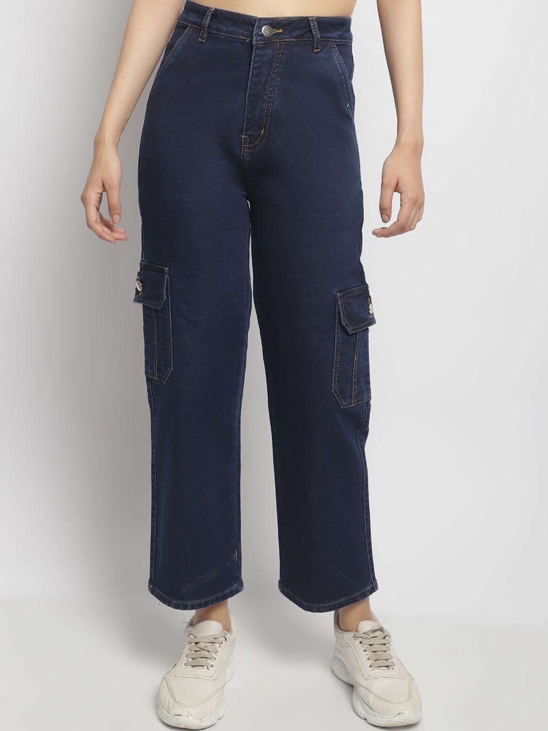 

ELLIS Women Mid-Rise Smart Straight Fit Cargo Style Jeans, Blue