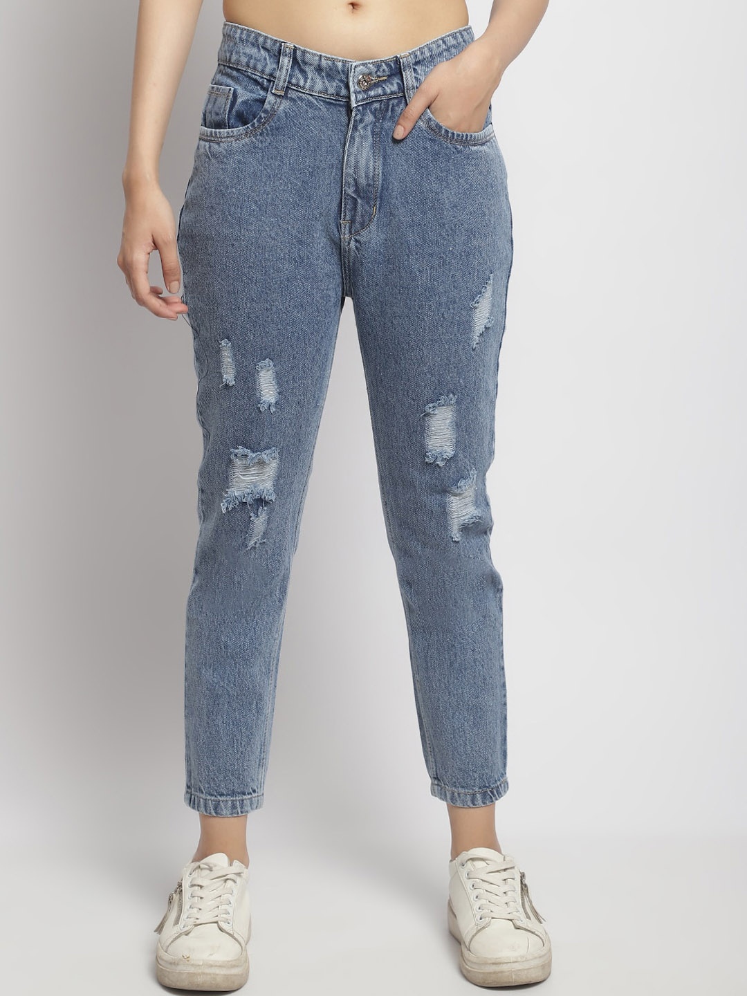 

ELLIS Women Smart Mom Fit Light Fade Mildly Distressed Cotton Jeans, Blue