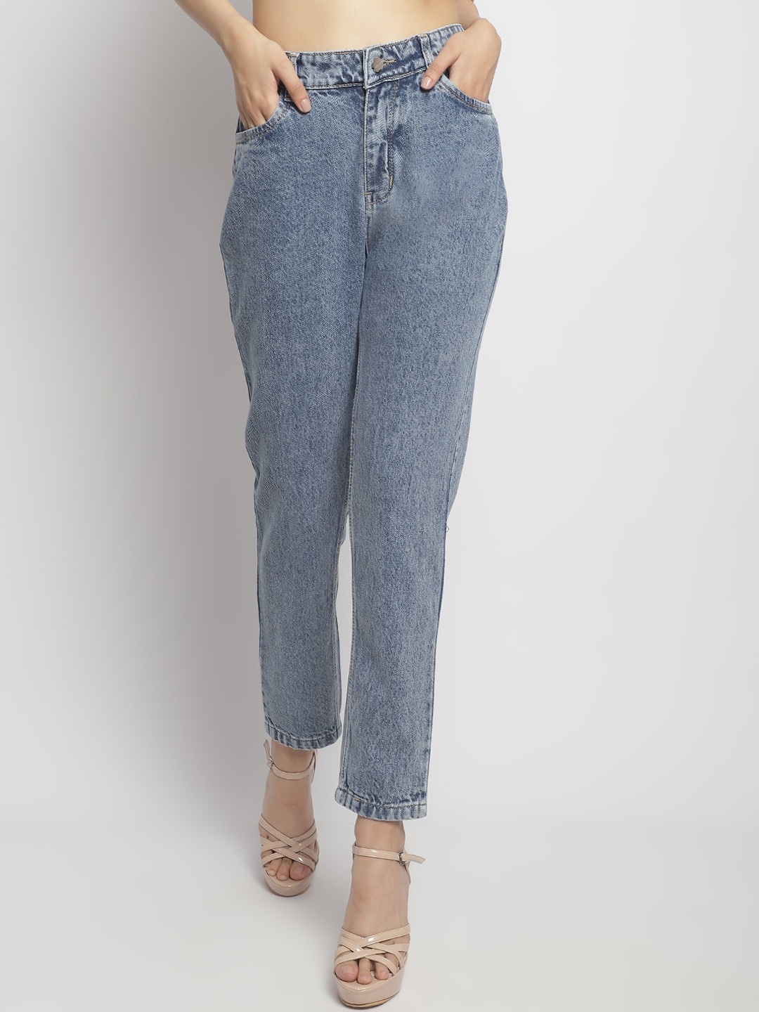 

ELLIS Women Smart Mom Fit Light Fade Clean Look Cotton Jeans, Blue