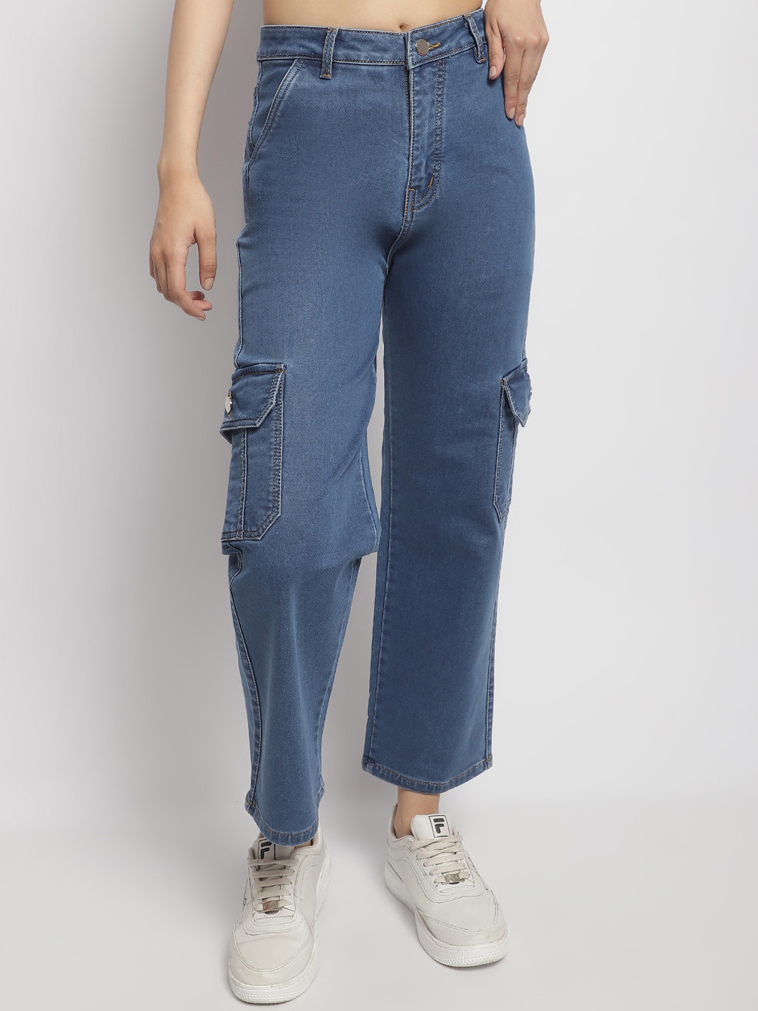 

ELLIS Women Smart Straight Fit Clean Look Cotton Cargo Jeans, Blue
