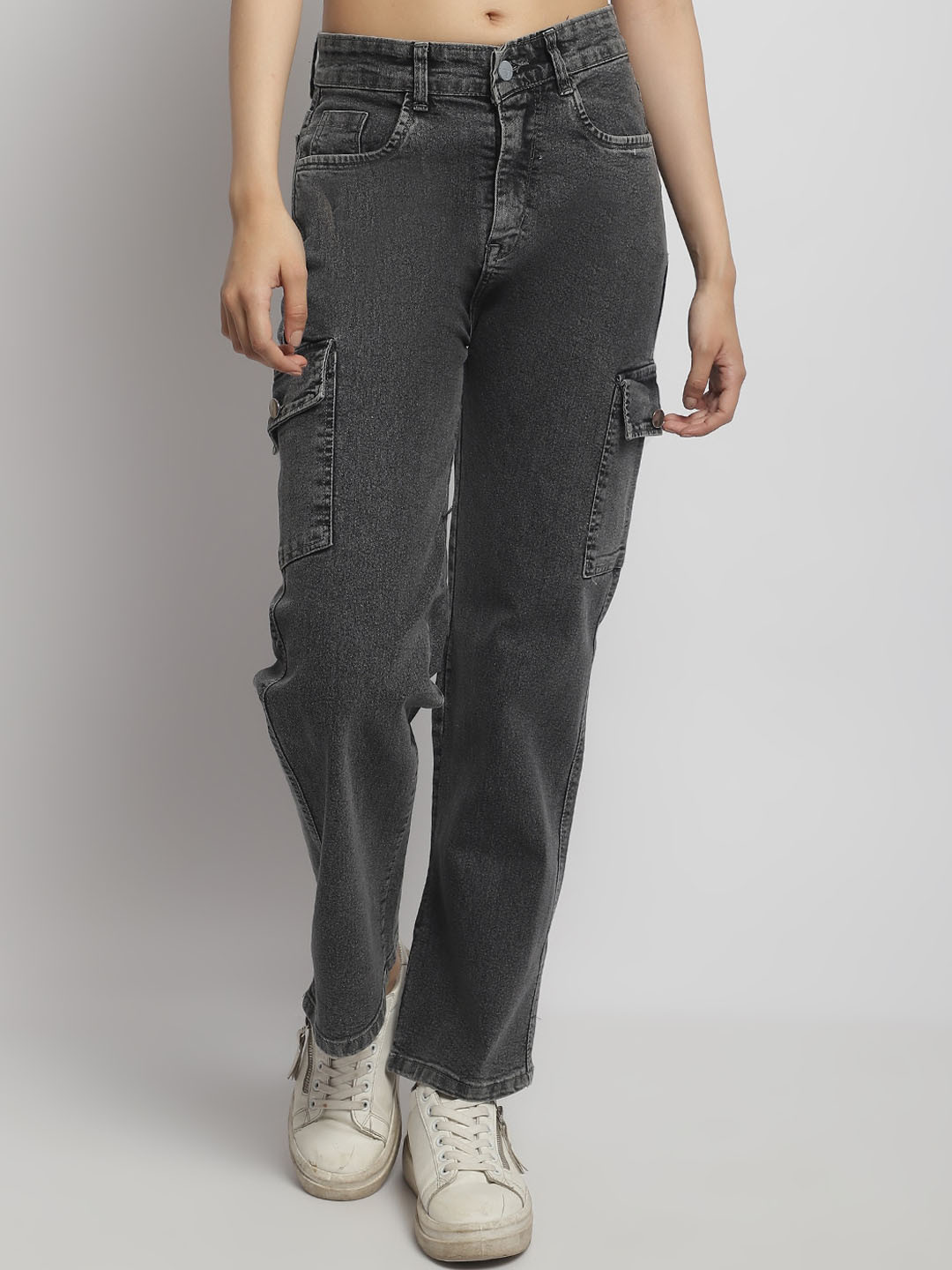 

ELLIS Women Smart Straight Fit Light Fade Clean Look Cotton Cargo Jeans, Grey