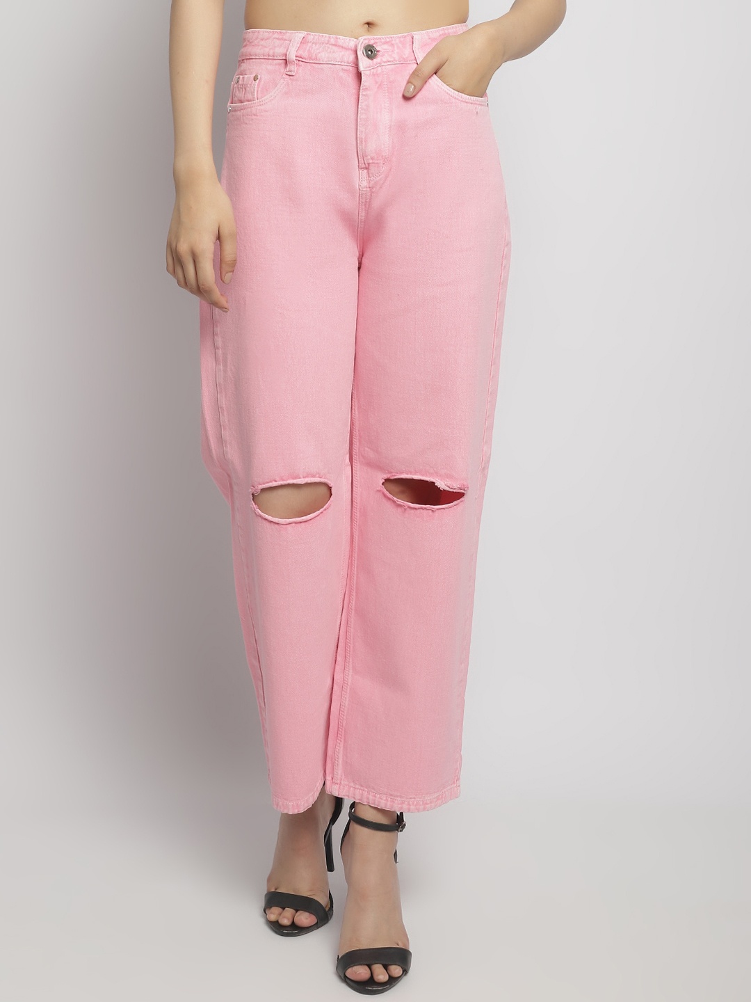 

ELLIS Women Smart Straight Fit Slash Knee Cotton Jeans, Pink