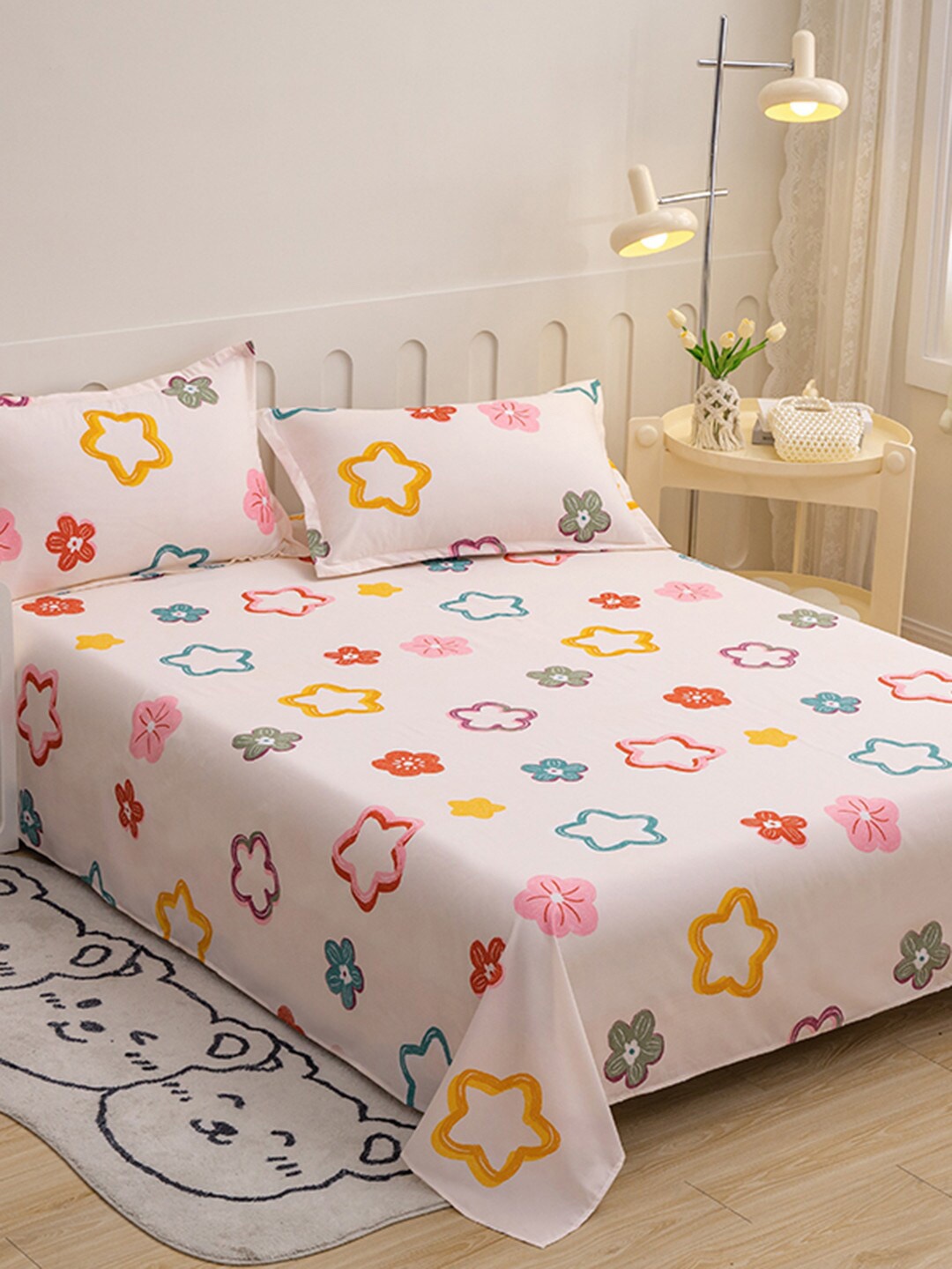 

JC Collection Pink & Yellow Floral 140 TC King Bedsheet With 2 Pillow Covers