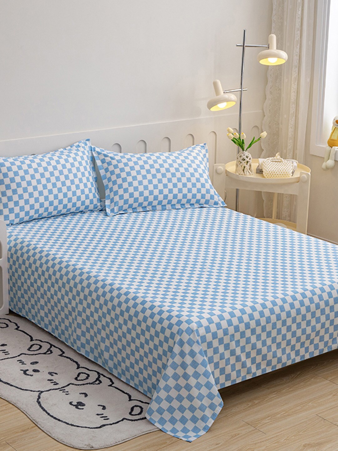 

JC HOME Blue & White Geometric 140 TC Single Bedsheet with 1 Pillow Cover