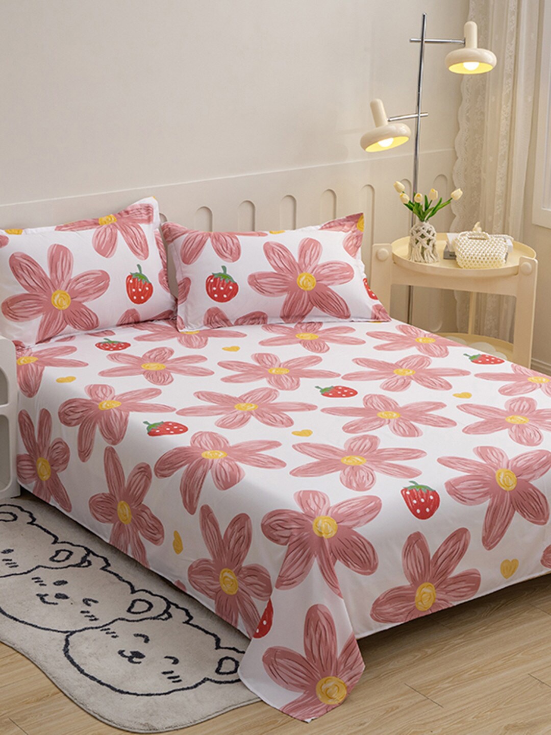 

JC HOME Pink & White Floral Printed 140 TC Single Bedsheet & Pillow Cover
