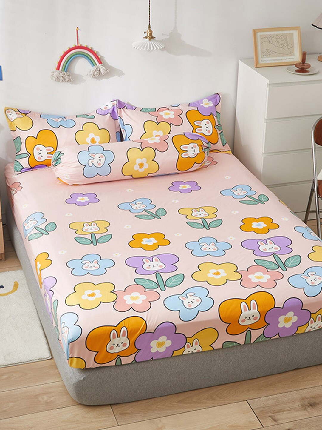 

JC HOME Pink & Purple Floral 150 TC Fitted Single Bedsheet with 1 Pillow Cover