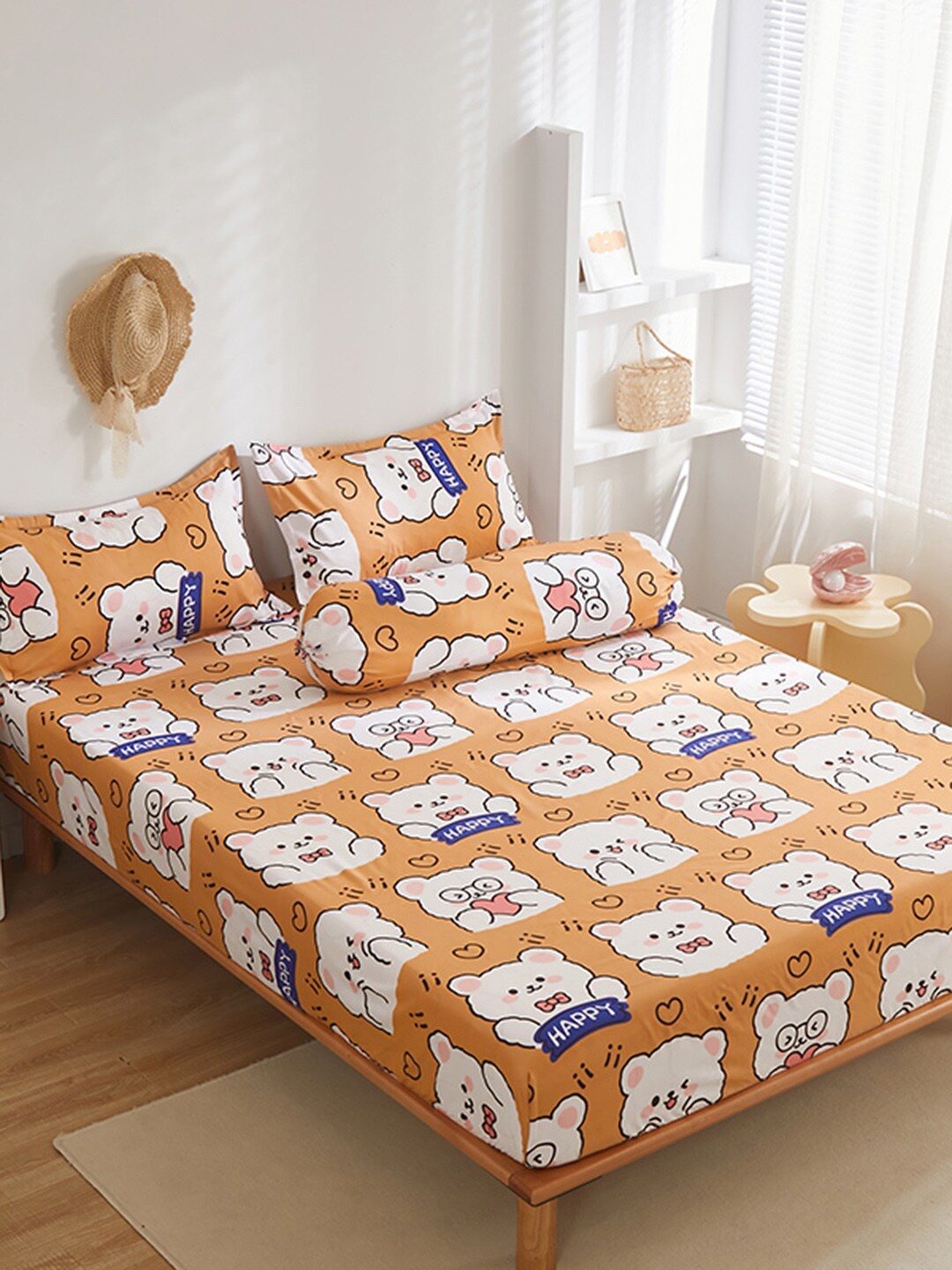 

JC HOME Orange Conversational 150 TC Fitted Single Bedsheet with 1 Pillow Cover