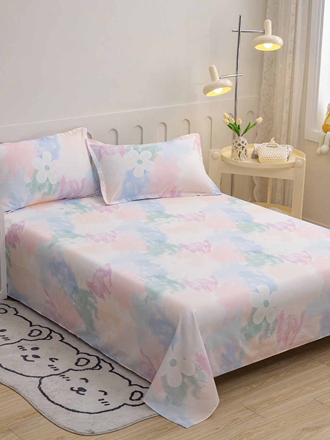 

JC HOME White & Pink Floral Printed 140 TC King Bedsheet & 2 Pillow Covers