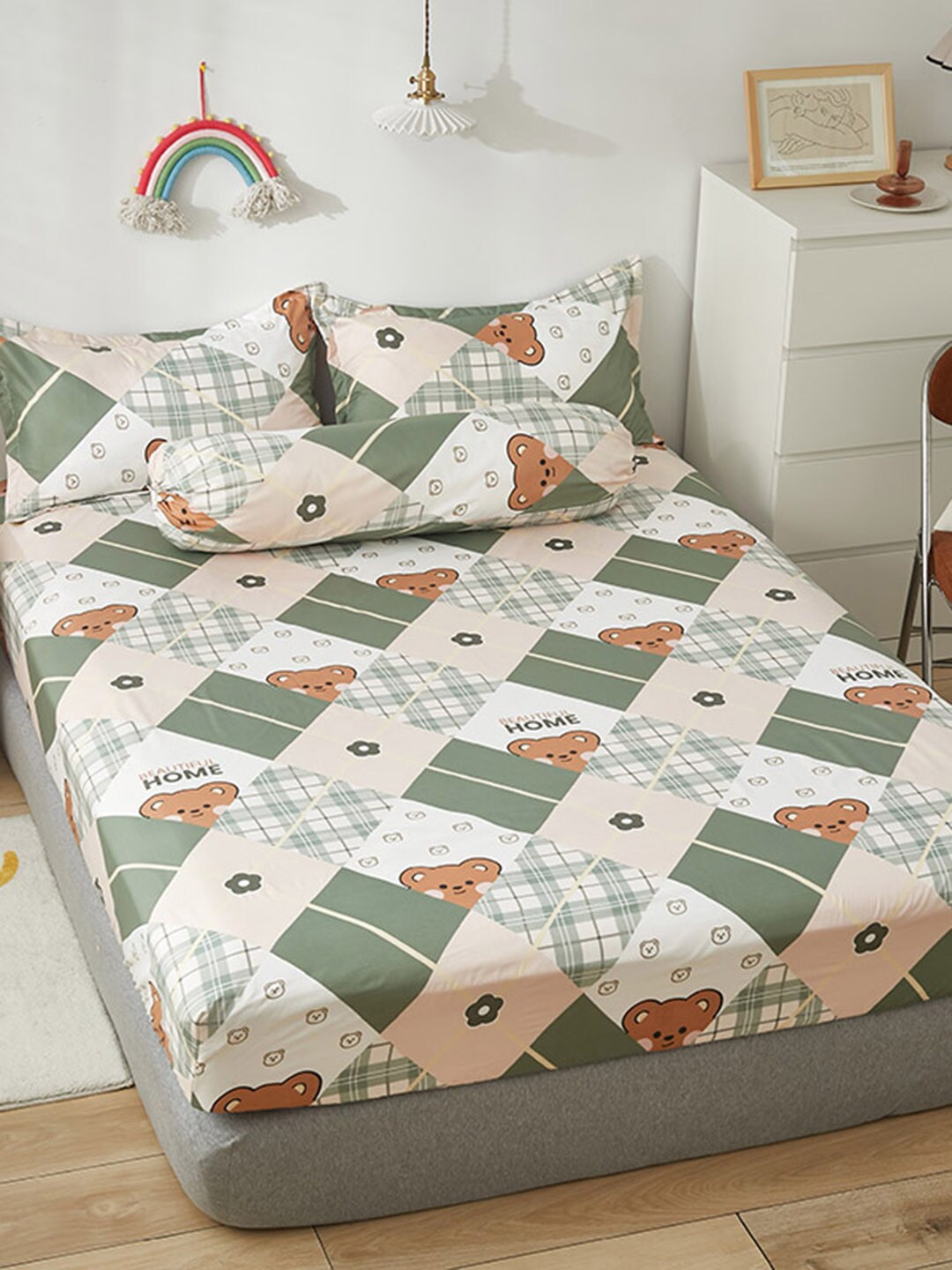 

JC HOME White Green Conversational 150 TC Fitted Single Bedsheet 1 Pillow Cover