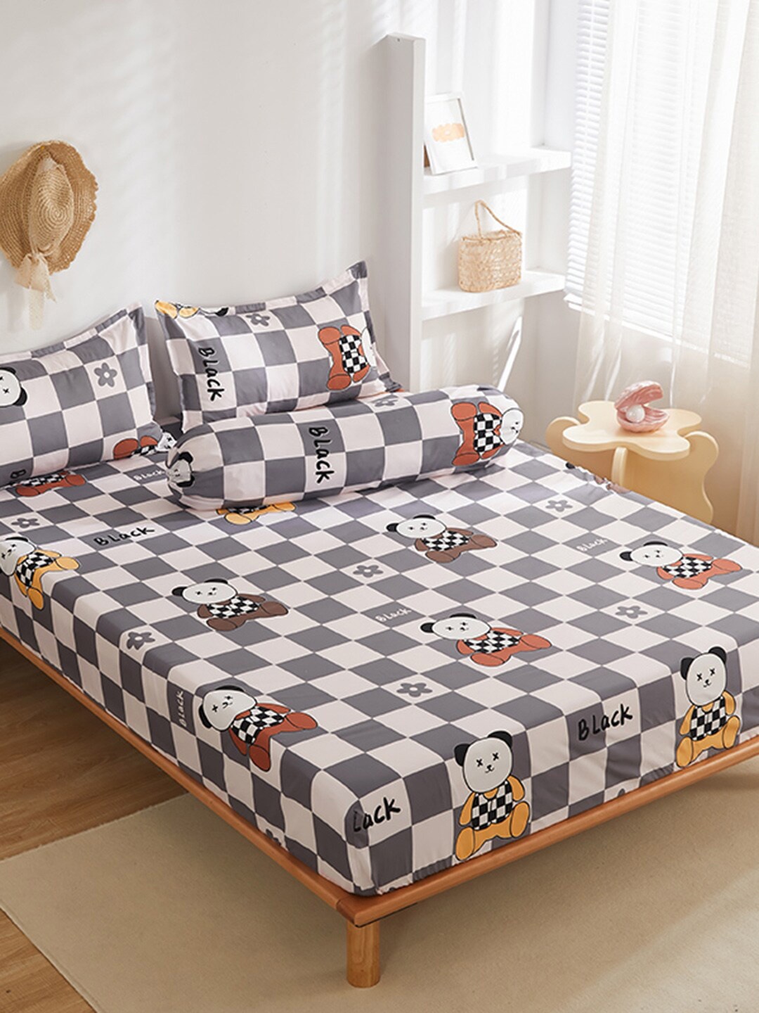 

JC HOME White & Grey Geometric 150 TC Fitted Single Bedsheet & 1 Pillow Cover