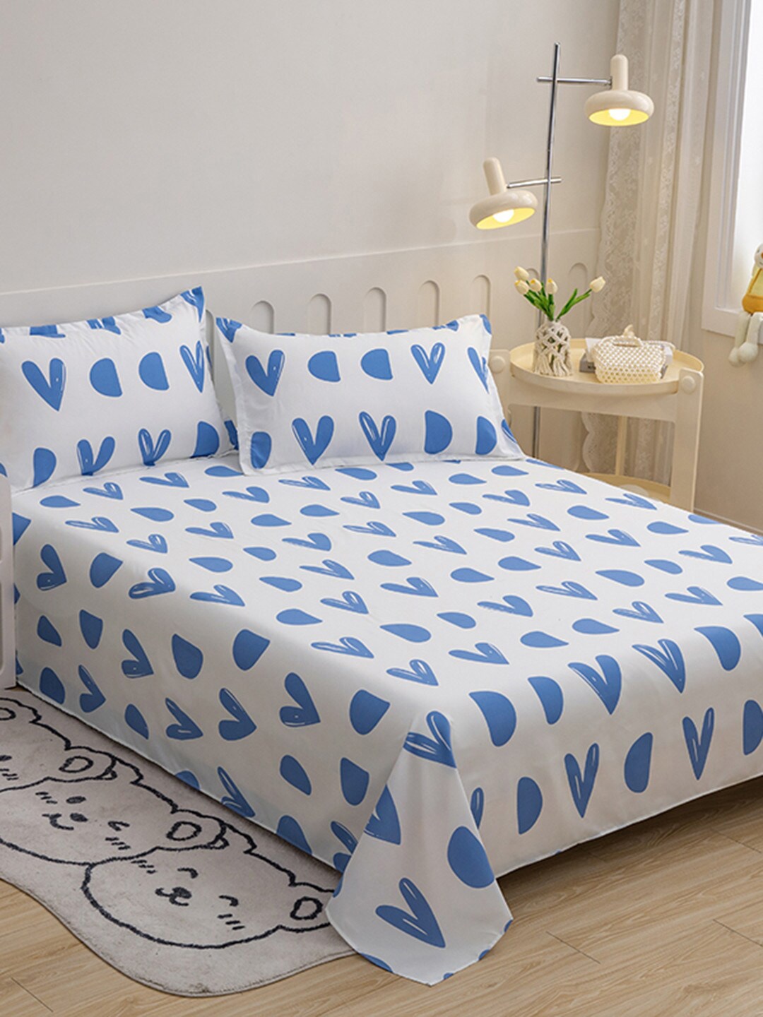 

JC HOME White & Blue Graphic 140 TC Single Bedsheet & Pillow Cover