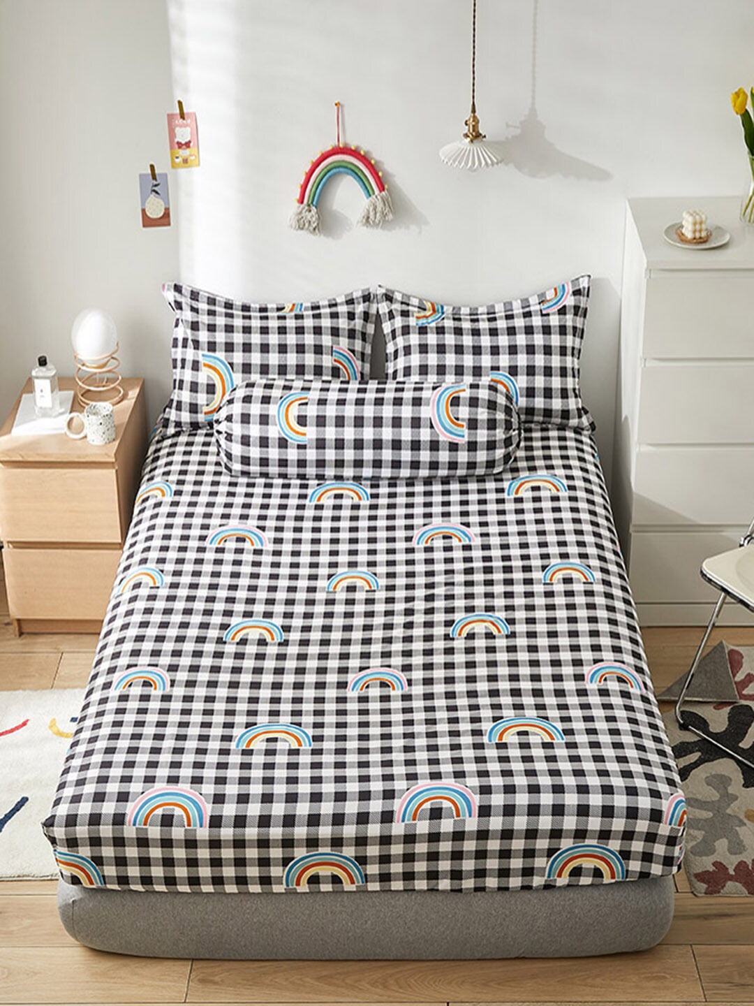 

JC HOME Black & White Geometric 150 TC Fitted Single Bedsheet & 1 Pillow Cover