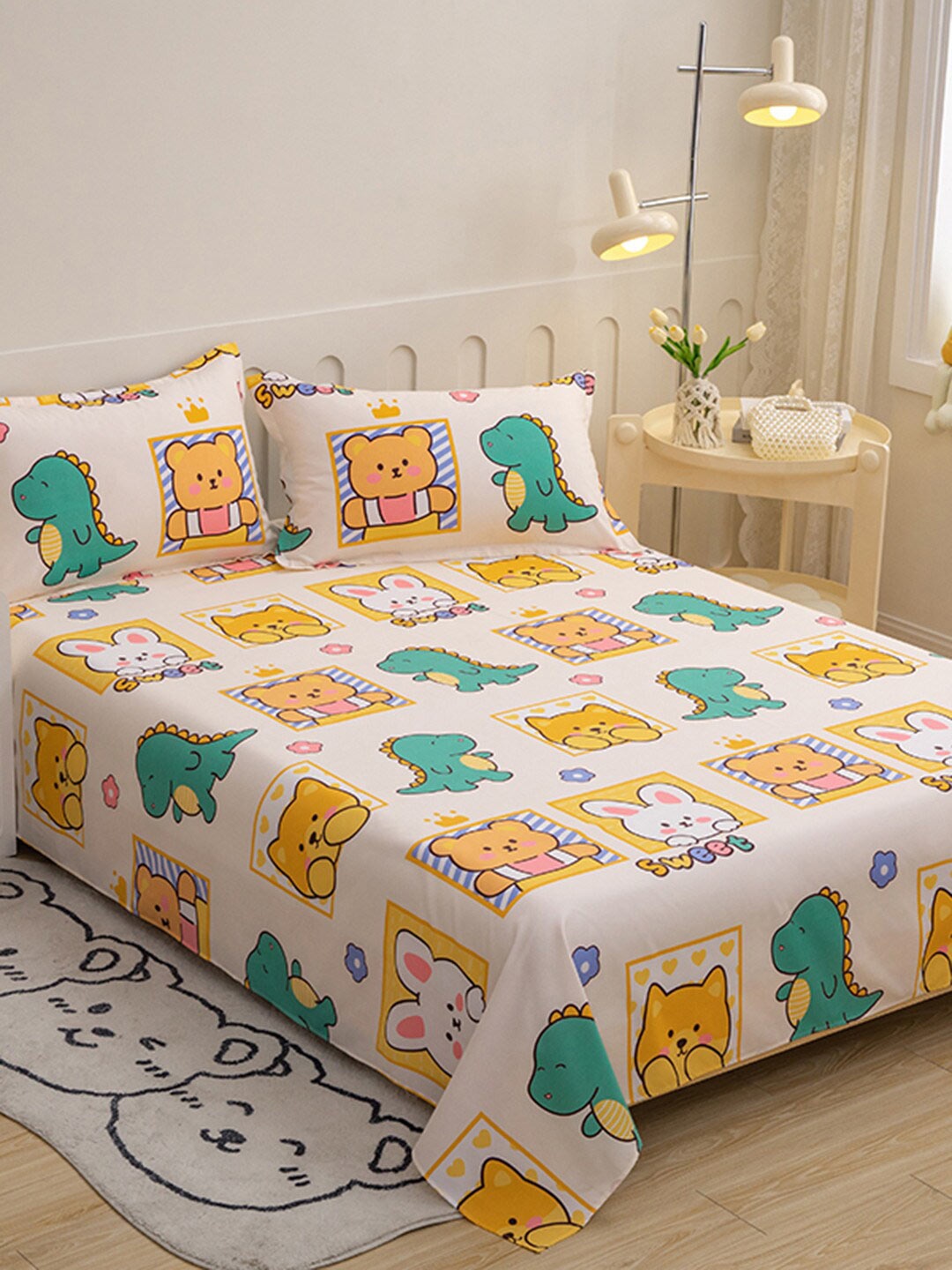 

JC HOME Cream Coloured Cartoon Characters 140 Tc Single Bedsheet With 1 Pillow Cover