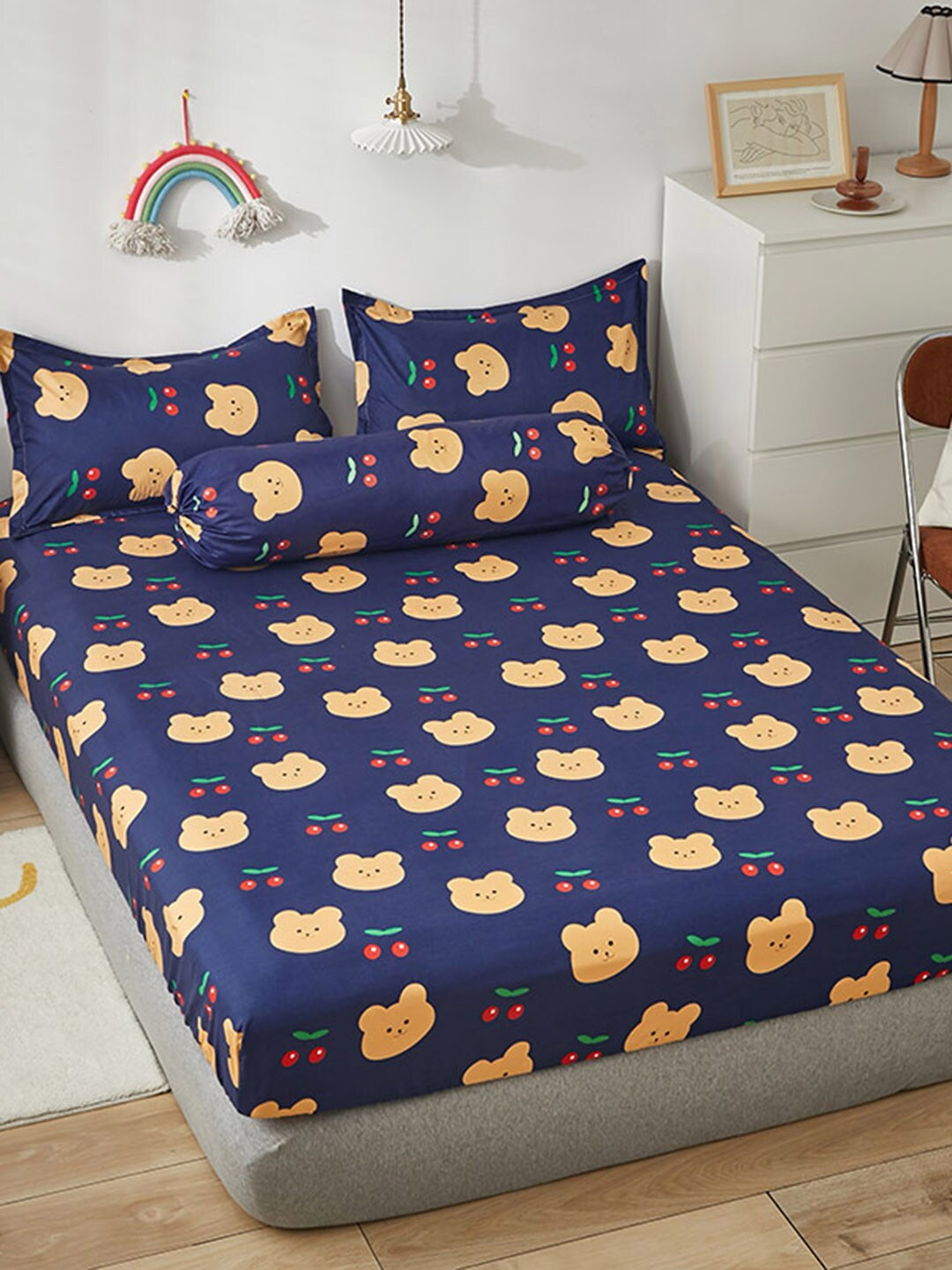 

JC HOME Navy Blue Conversational 150 TC Fitted King Bedsheet with 2 Pillow Covers