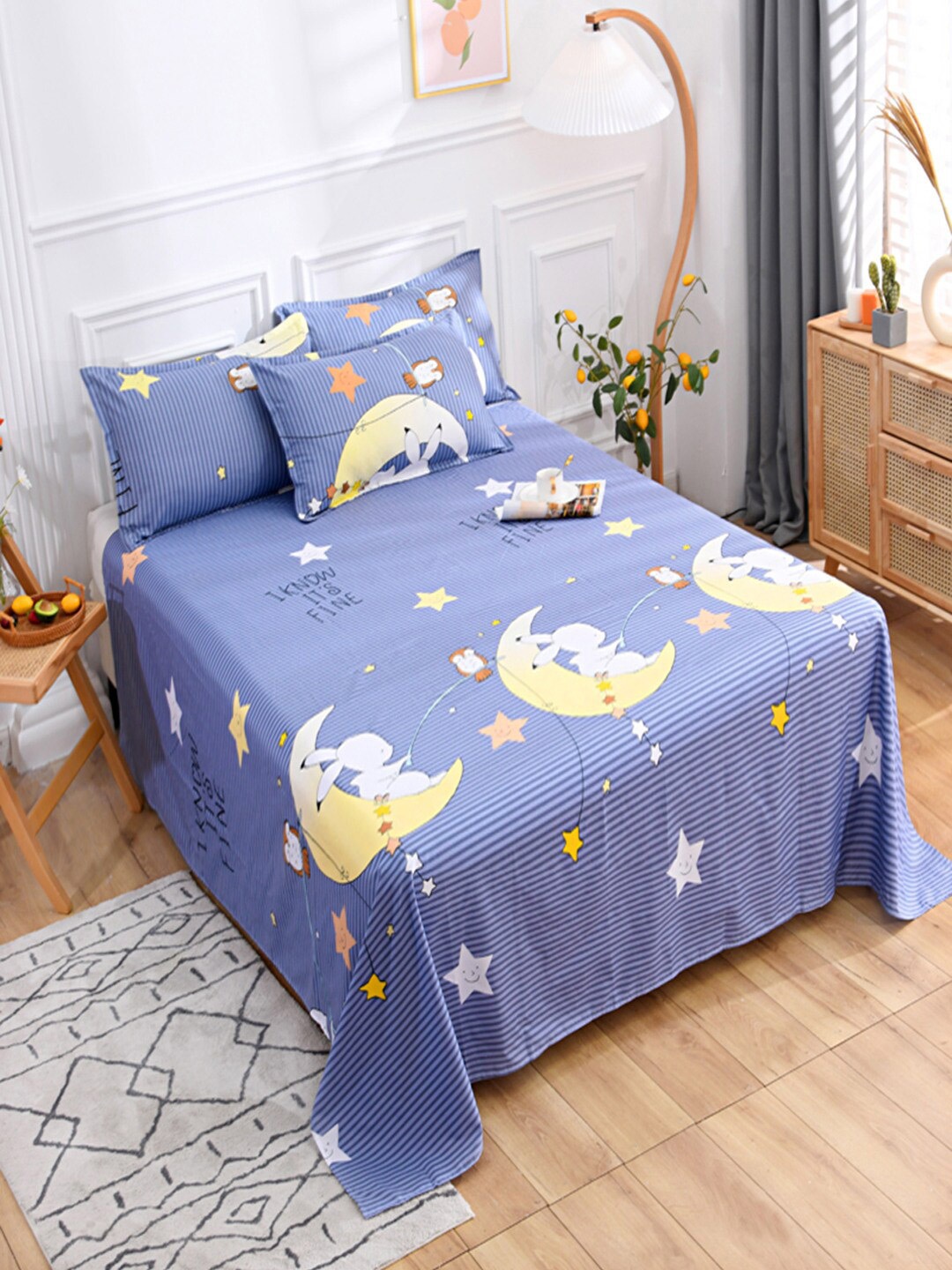 

JC Collection Blue & Yellow Graphic 140 TC Queen Bedsheet with 2 Pillow Covers
