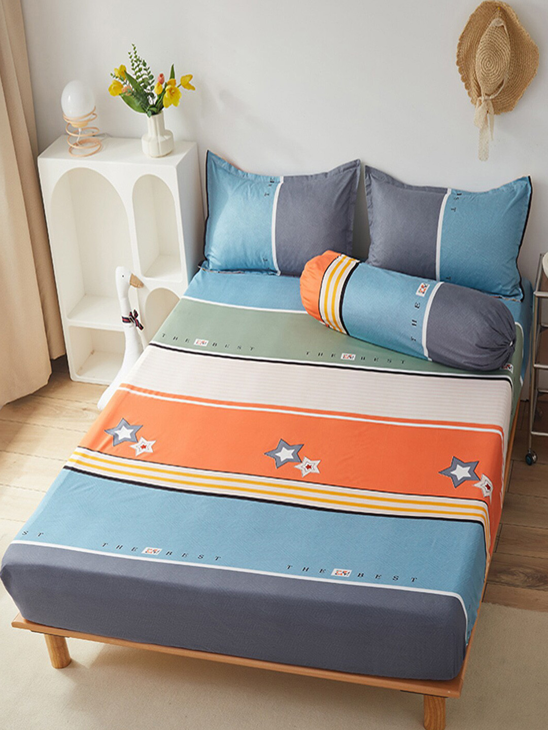 

JC HOME Blue & White Striped 150 TC Single Bedsheet With 1 Pillow Cover