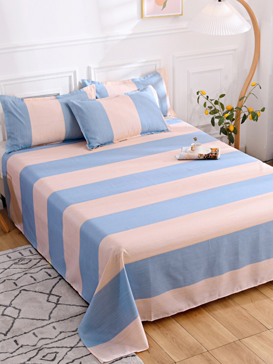 

JC HOME Blue & Peach-Coloured Striped 140 TC Single Bedsheet & Pillow Cover