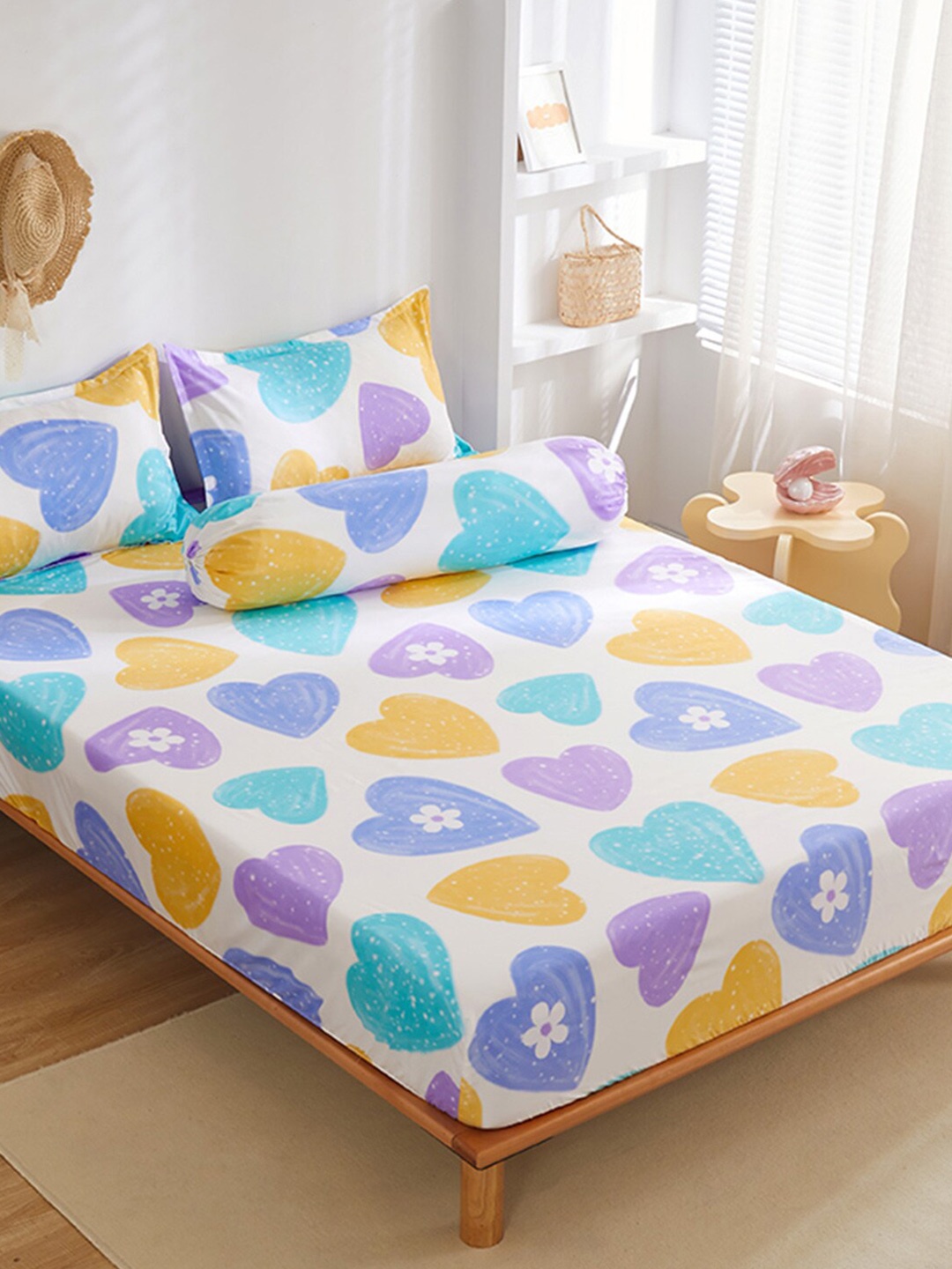 

JC HOME White & Yellow Graphic Printed 150 TC Fitted King Bedsheet & 2 Pillow Covers