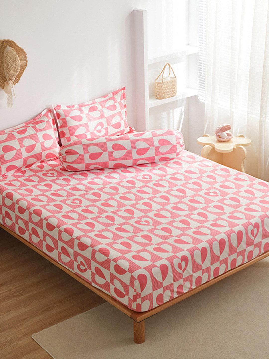 

JC HOME Pink & White Graphic 150 TC Fitted King Bedsheet With 2 Pillow Covers