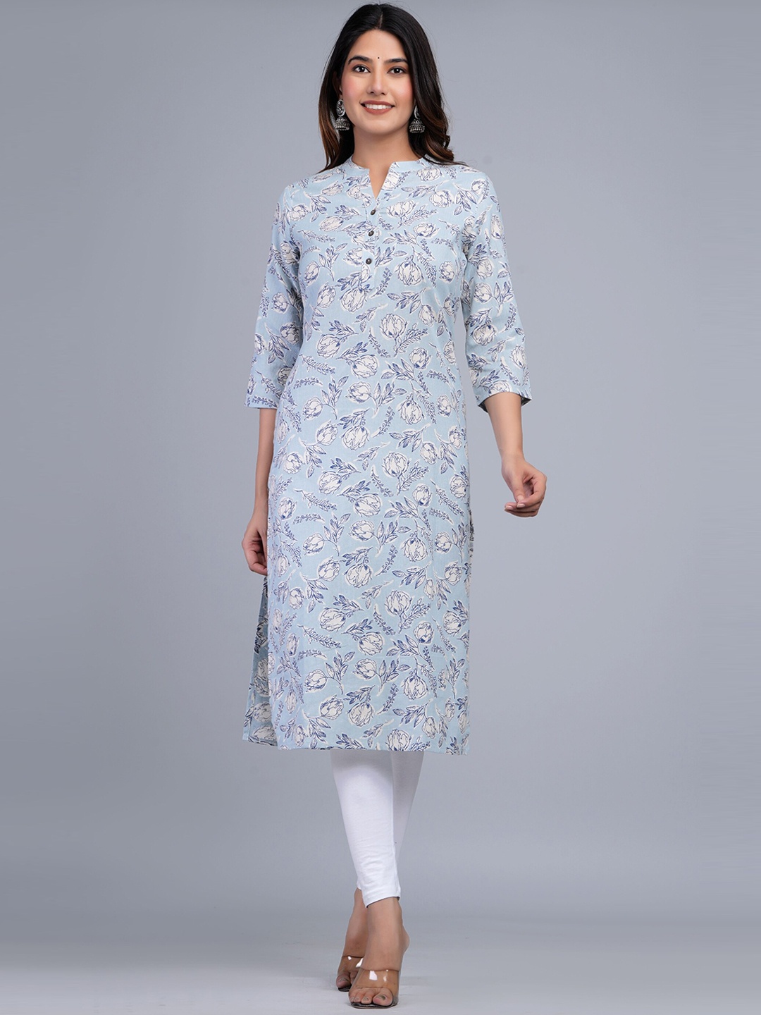 

The Kurta Express Floral Printed Cotton Straight Kurta, Blue