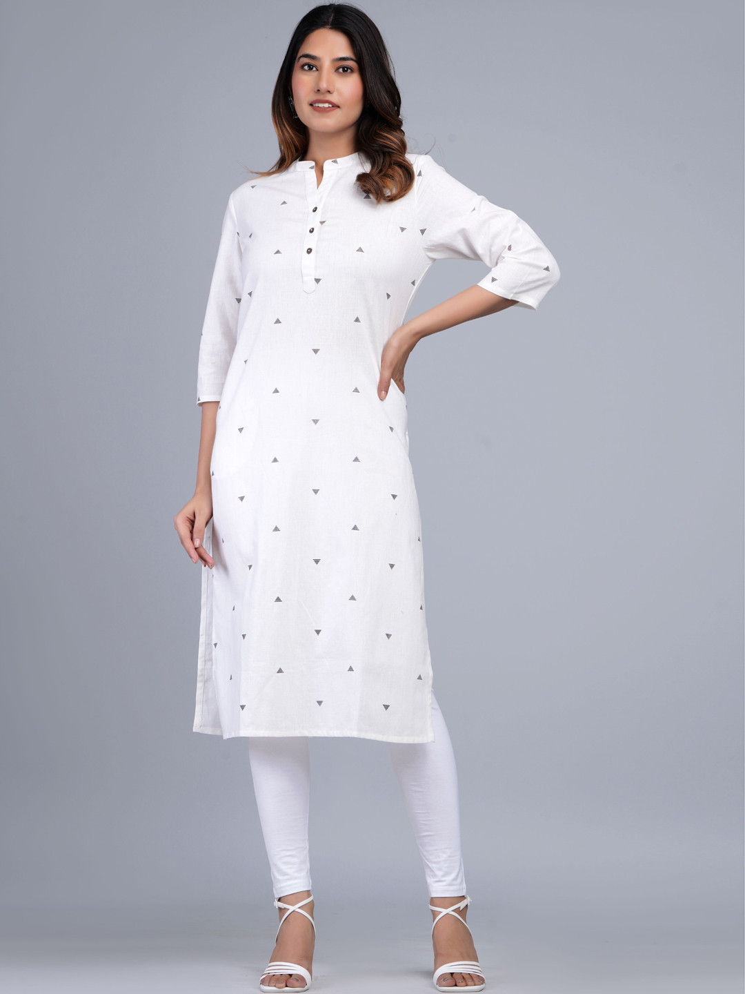 

The Kurta Express Geometric Printed Mandarin Collar Pure Cotton Kurta, White