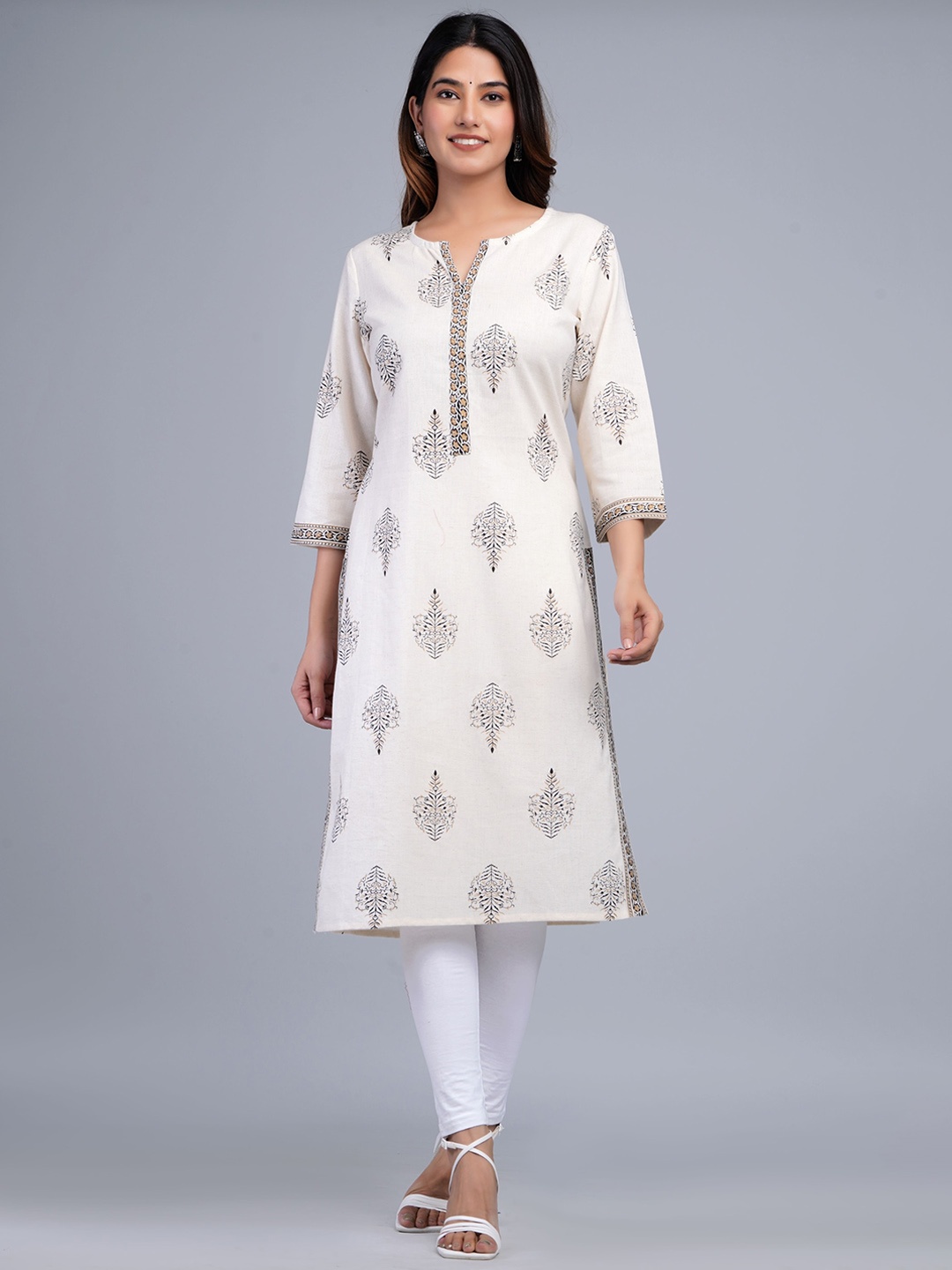 

The Kurta Express Ethnic Motifs Printed Cotton Kurta, Cream